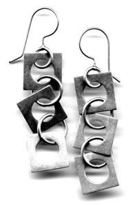 CIRCLE IN SQUARE $150-sterling silver earrings with sanding disk texture on squares (2" long not including ear wire)